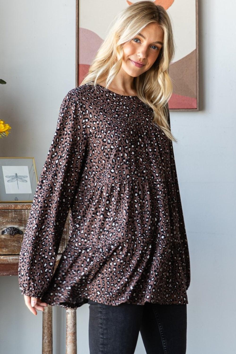 Heimish Leopard Long Sleeve Tiered Blouse Carauana Store