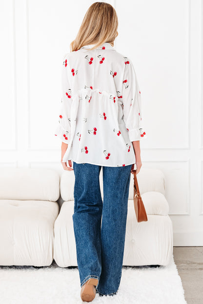 White Cherry Print Flounce Sleeve Collared Frilled Babydoll Blouse