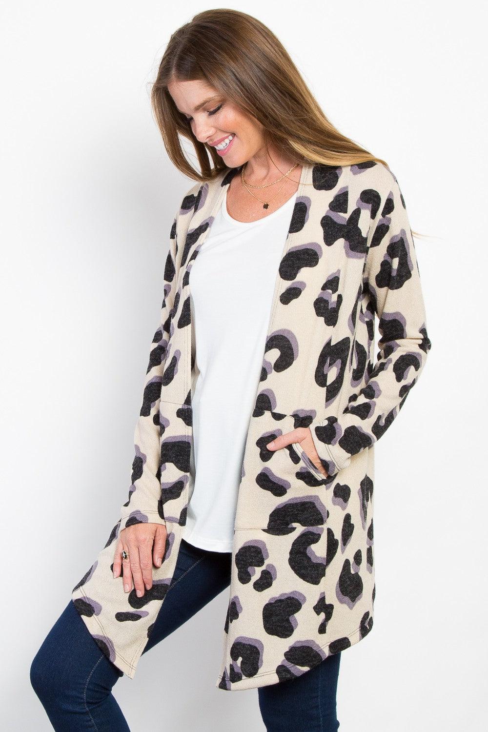 Be Stage Printed Open Front Knit Cardigan with Pockets Carauana Store