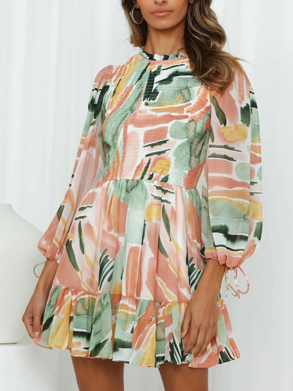 Printed Mock Neck Balloon Sleeve Mini Dress Carauana Store