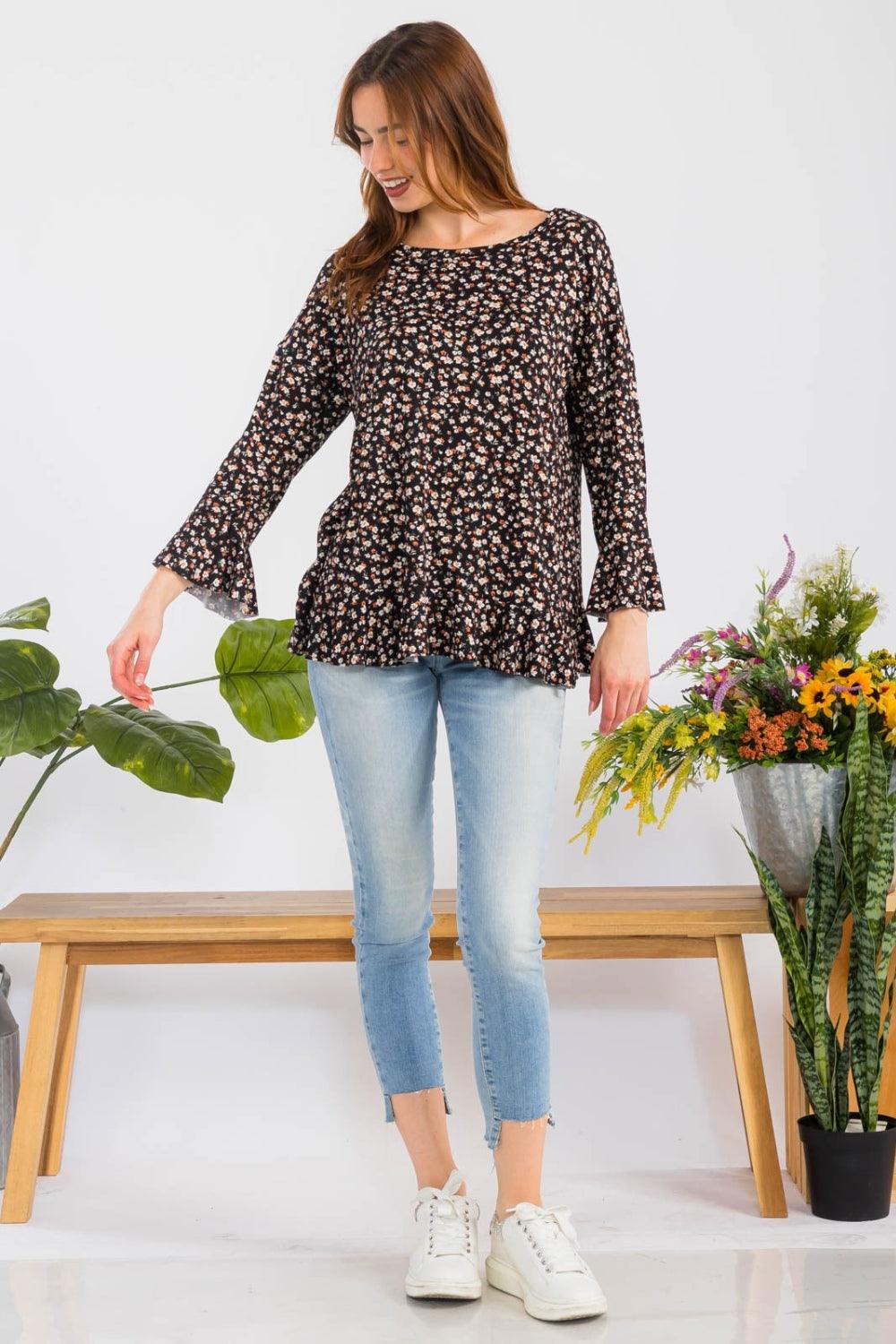 Celeste Full Size Floral Ruffle Detail Top Carauana Store