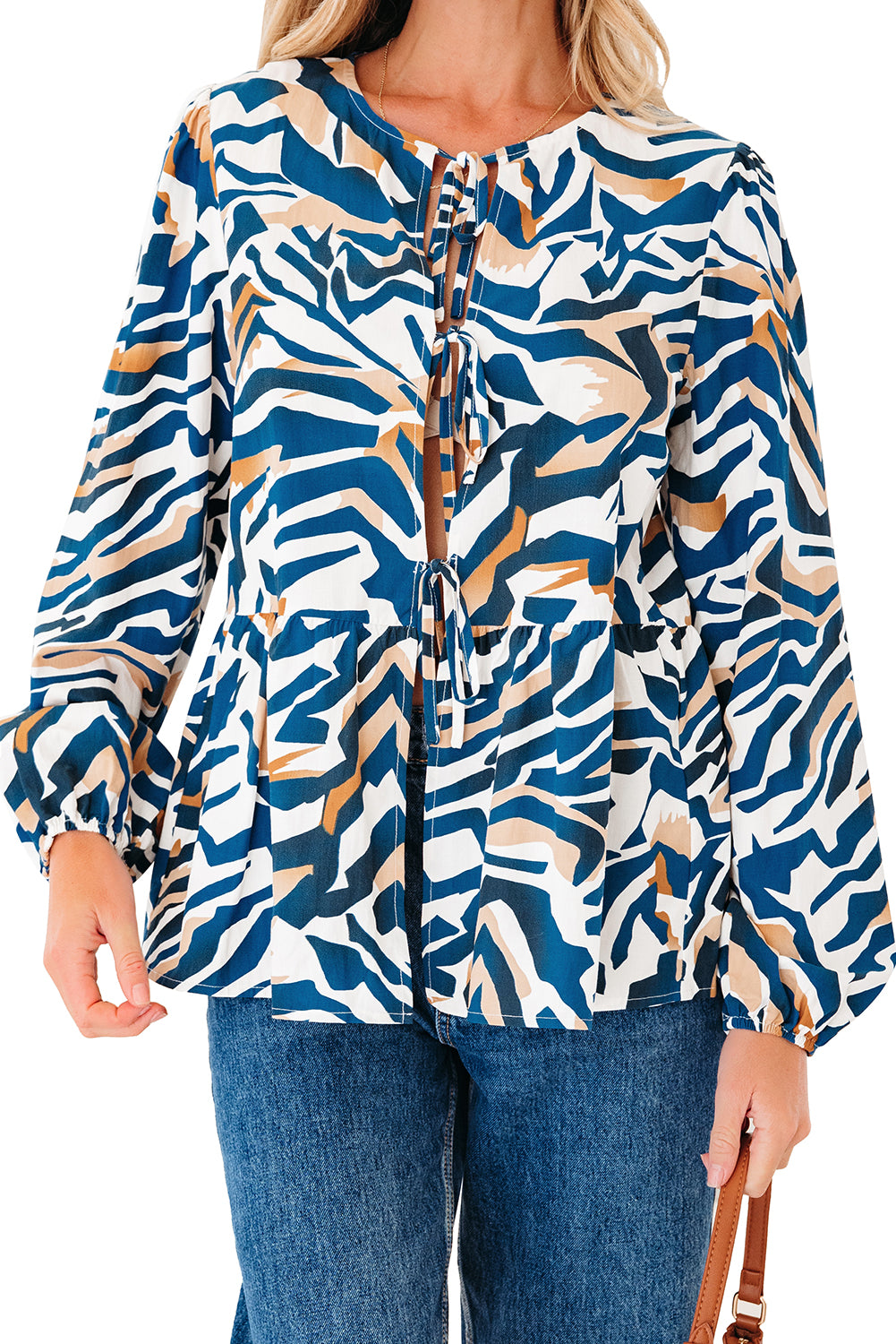 Blue Zebra Print Tied Front Puff Sleeve Top