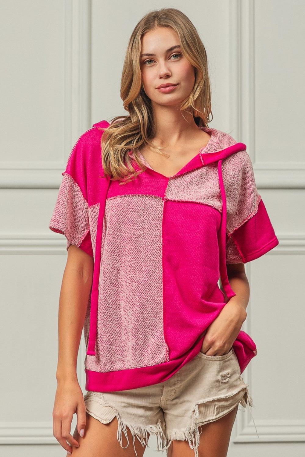 BiBi Color Block Exposed Seam Short Sleeve Hooded Top Carauana Store