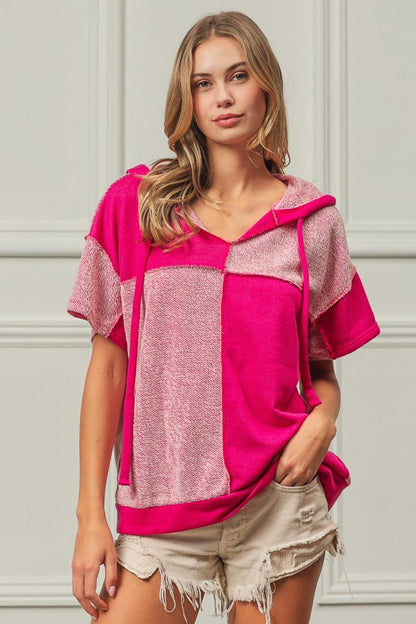 BiBi Color Block Exposed Seam Short Sleeve Hooded Top Carauana Store