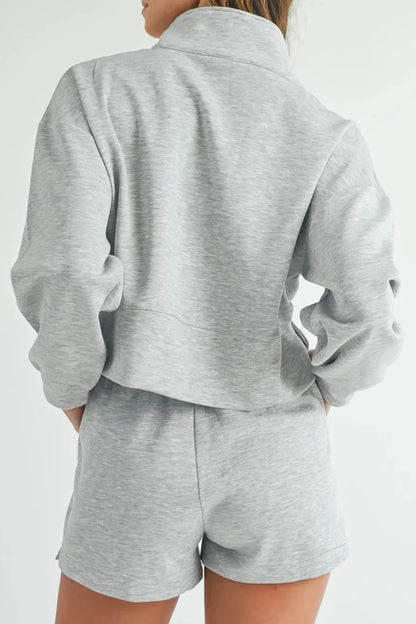 Half Zip Long Sleeve Top and Drawstring Shorts Set Carauana Store