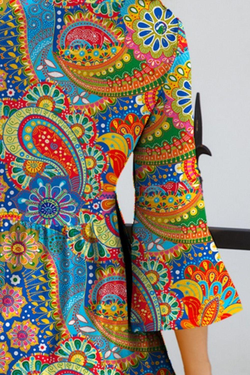 Paisley Print Round Neck Three-Quarter Sleeve Dress Carauana Store