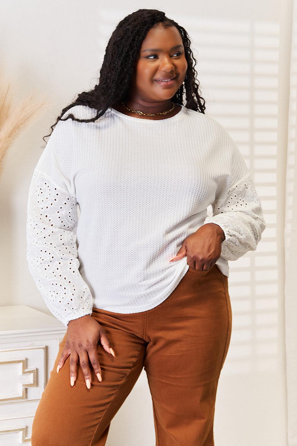 Shiny Eyelet Dropped Shoulder Round Neck Blouse Carauana Store
