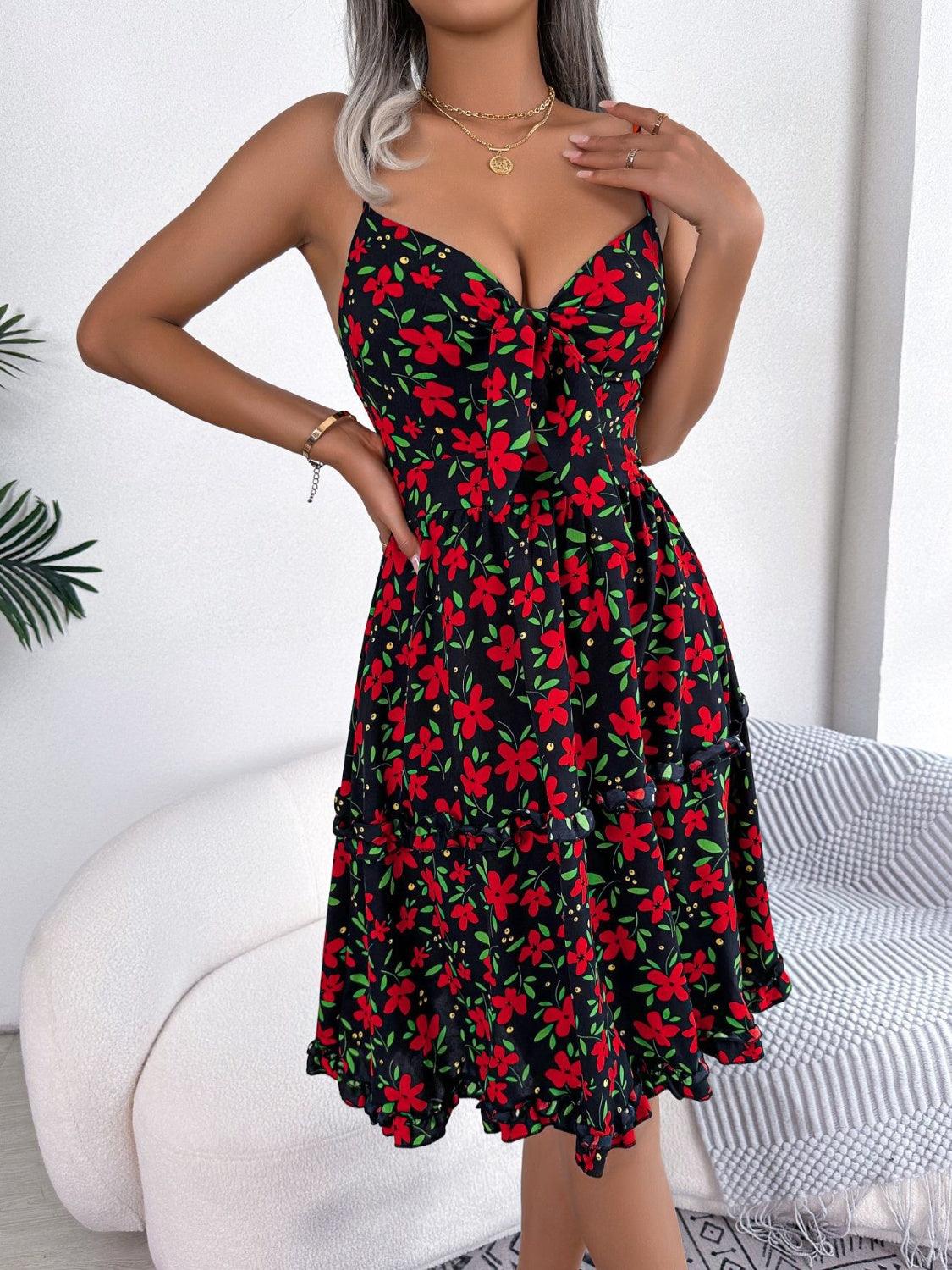 Printed Plunge Cap Sleeve Cami Dress Carauana Store