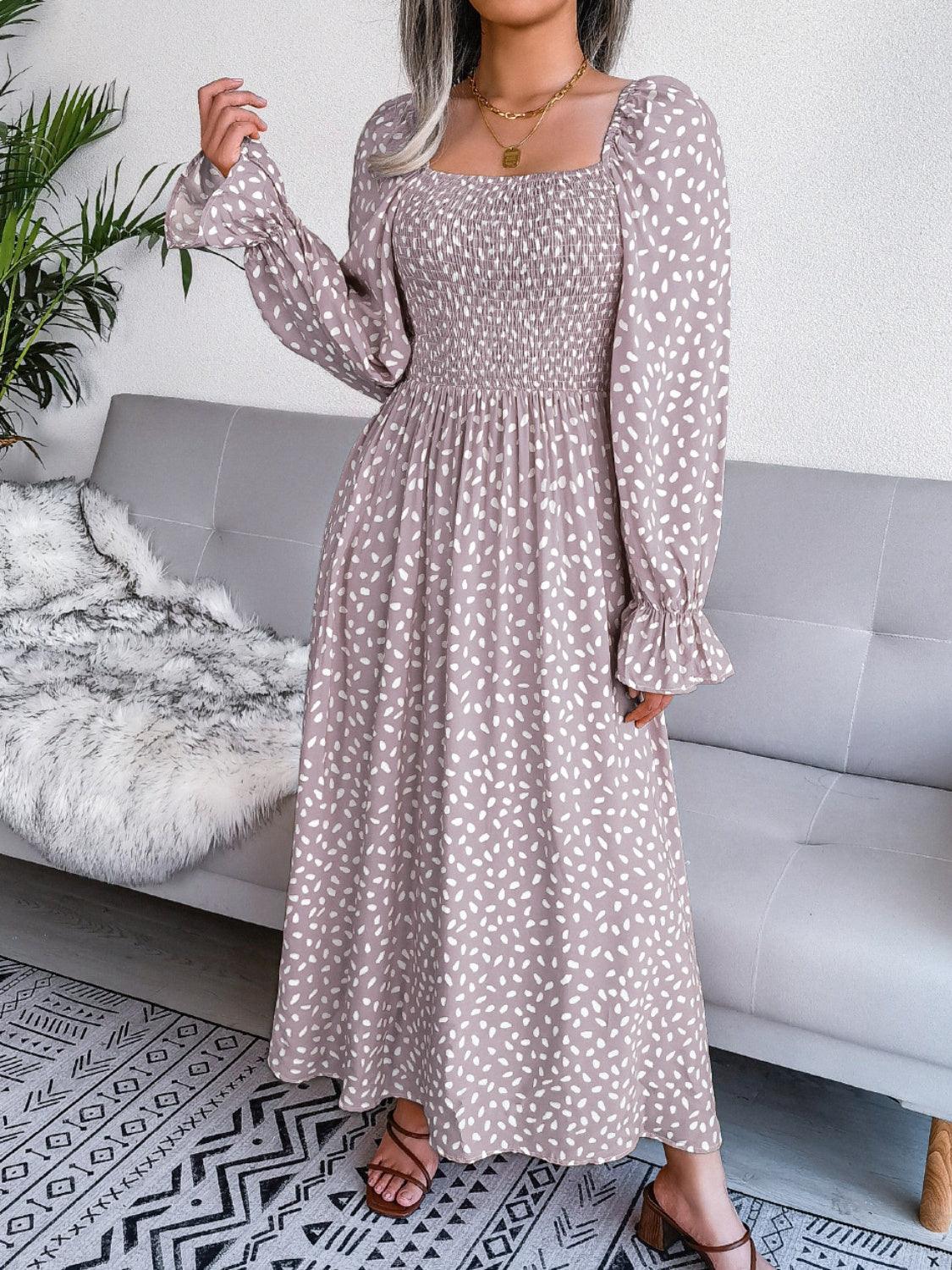 Smocked Square Neck Flounce Sleeve Dress Carauana Store