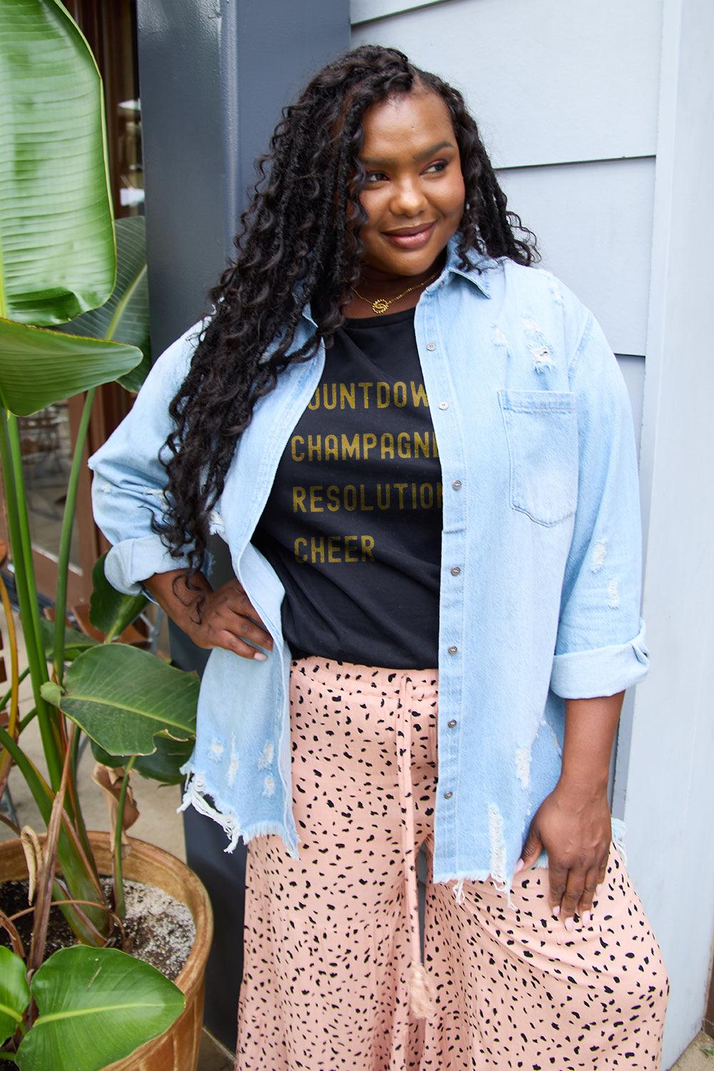 Simply Love Full Size COUNTDOWNS CHAMPAGNE RESOLUTIONS & CHEER Round Neck T-Shirt Carauana Store