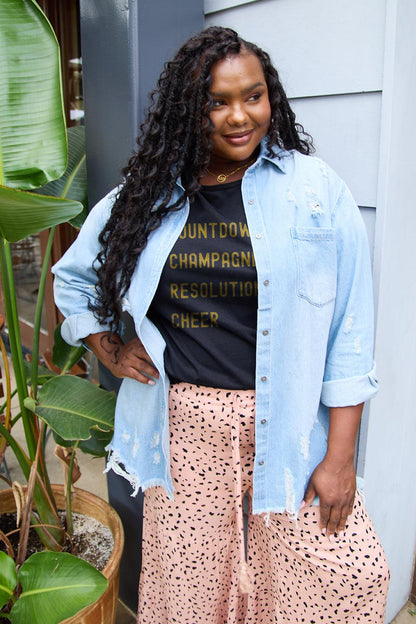 Simply Love Full Size COUNTDOWNS CHAMPAGNE RESOLUTIONS & CHEER Round Neck T-Shirt Carauana Store
