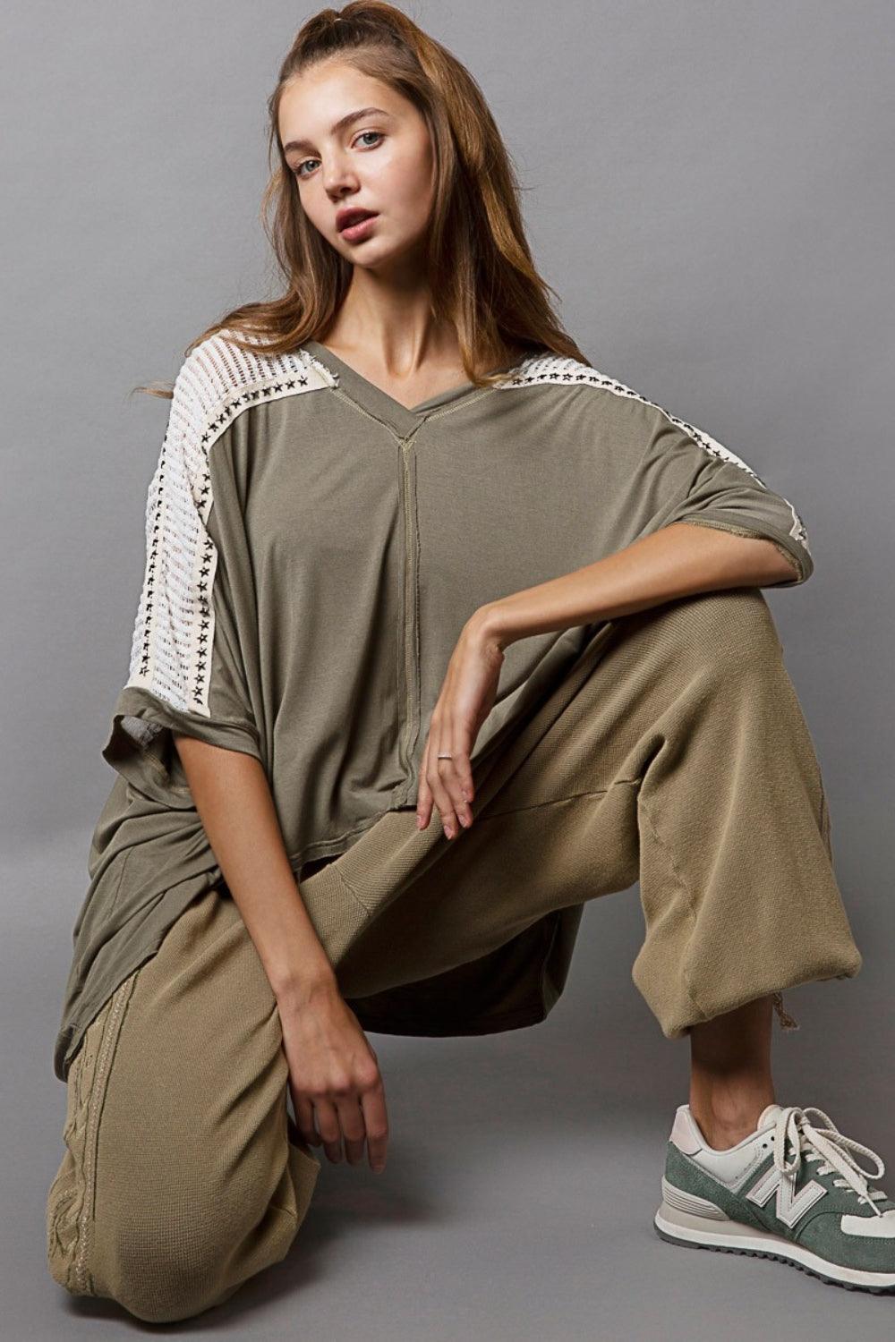 POL Oversize V-Neck Crochet Lace Contrast Studded Top Carauana Store
