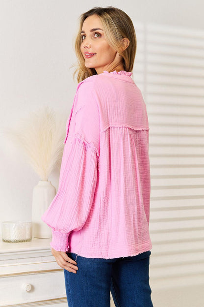 Double Take Exposed Seam Buttoned Notched Neck Blouse Carauana Store