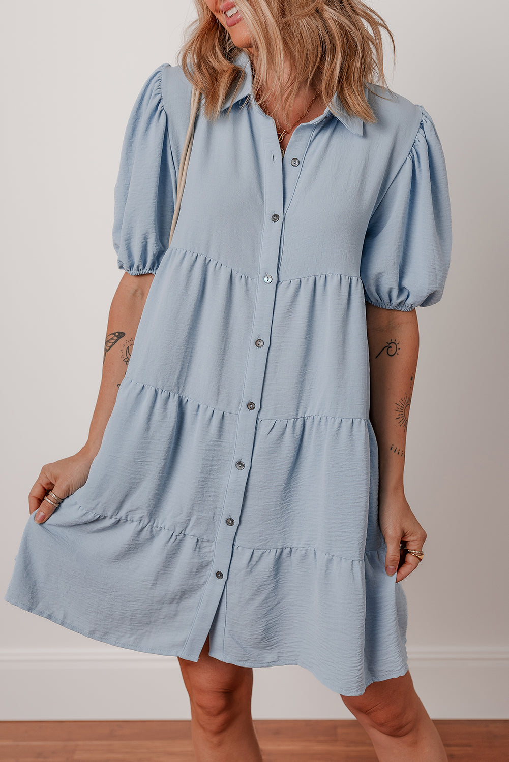 Beau Blue Shirt Collar Button Up Short Puff Sleeve Tiered Shift Dress
