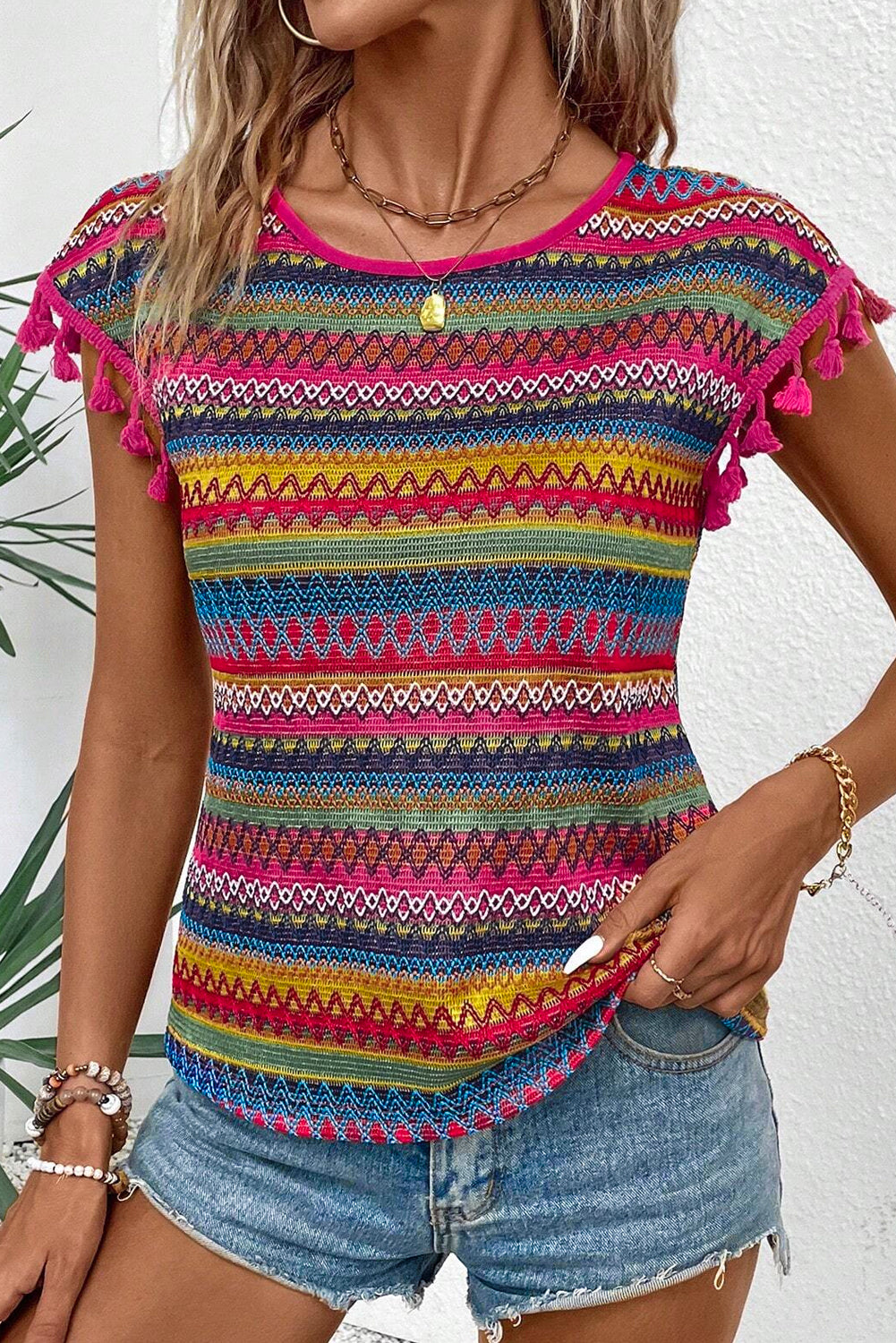 Rose Red Jacquard Textured Tasseled Cap Sleeve Top - CaRaUaNa Fashion