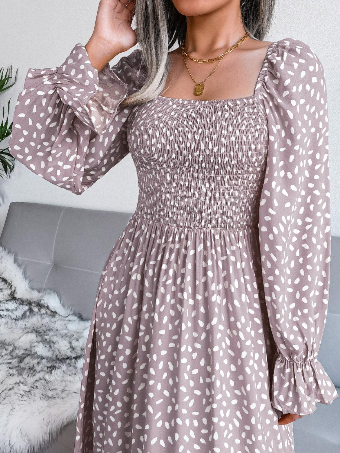 Smocked Square Neck Flounce Sleeve Dress Carauana Store