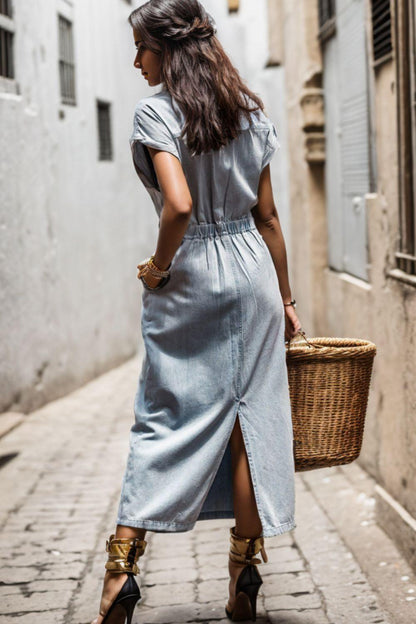 Slit Pocketed Half Button Denim Dress Carauana Store