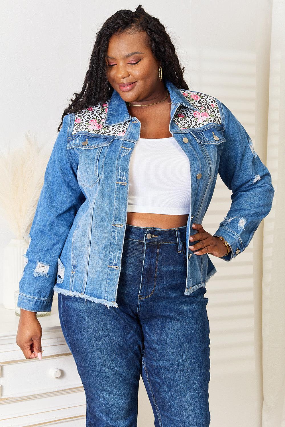 Baeful Leopard Floral Distressed Raw Hem Denim Jacket Carauana Store