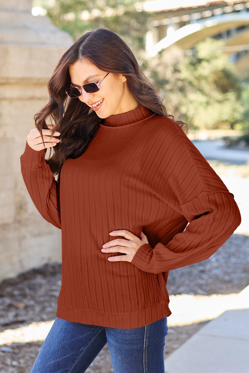 Basic Bae Full Size Ribbed Exposed Seam Mock Neck Knit Top Carauana Store