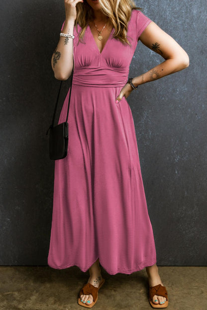 Smocked V-Neck Short Sleeve Dress Carauana Store