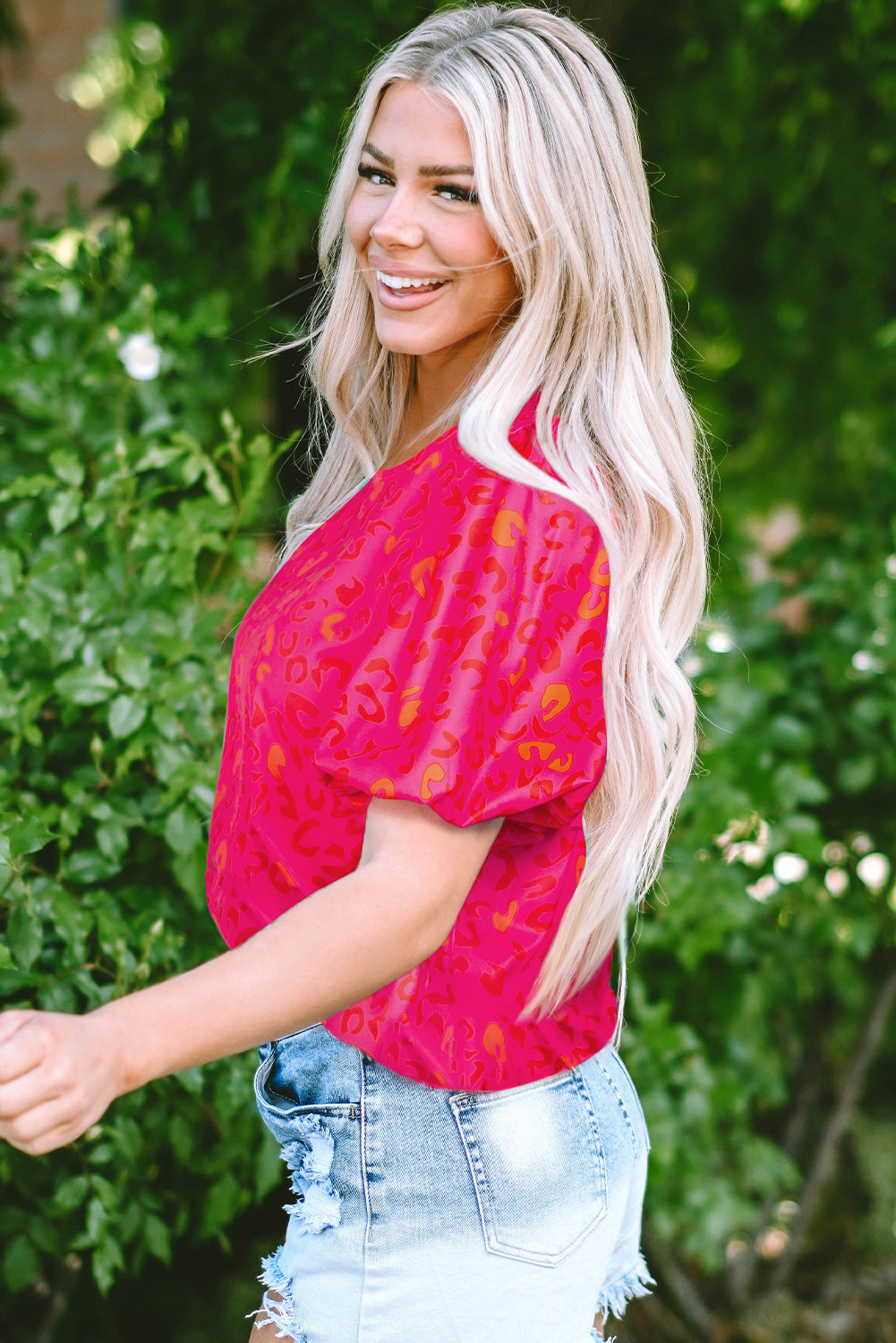 Rose Leopard Printed Puff Sleeve Top - CaRaUaNa Fashion