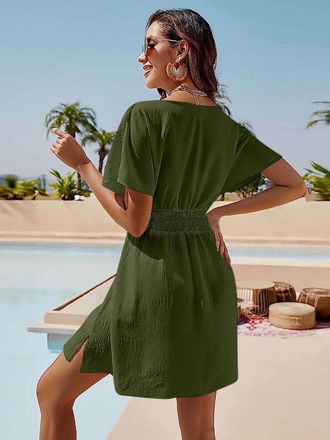 Smocked V-Neck Short Sleeve Dress Carauana Store