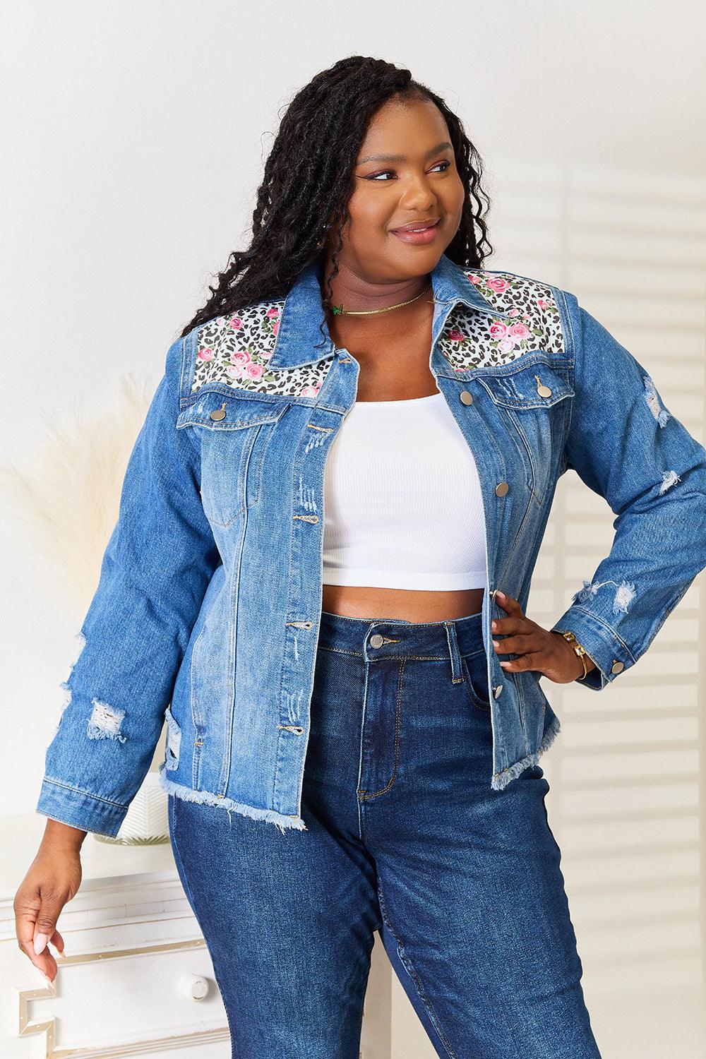 Baeful Leopard Floral Distressed Raw Hem Denim Jacket Carauana Store