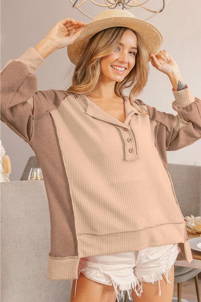 BiBi Half Button Exposed Seam Contrast Waffle Top Carauana Store