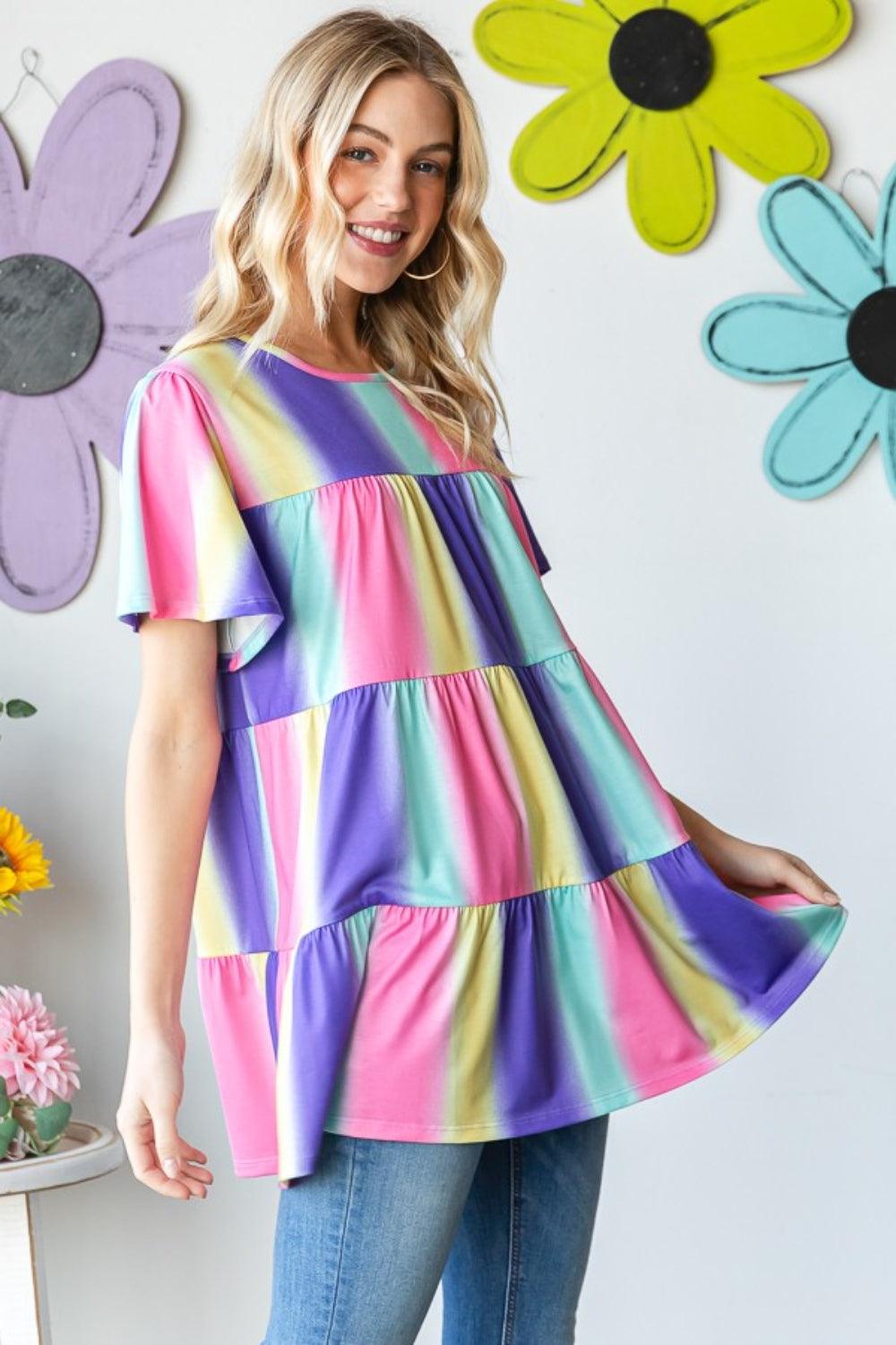 Heimish Full Size Short Sleeve Striped Tiered Top Carauana Store