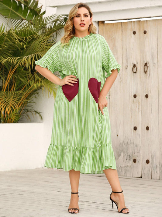 Plus Size Frill Heart Striped Half Sleeve Dress Carauana Store
