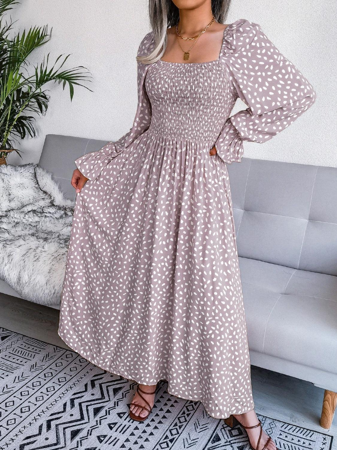 Smocked Square Neck Flounce Sleeve Dress Carauana Store