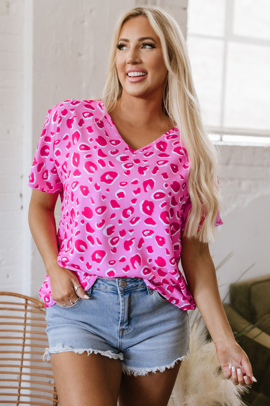 Pink Leopard V Neck Loose Short Sleeve Top