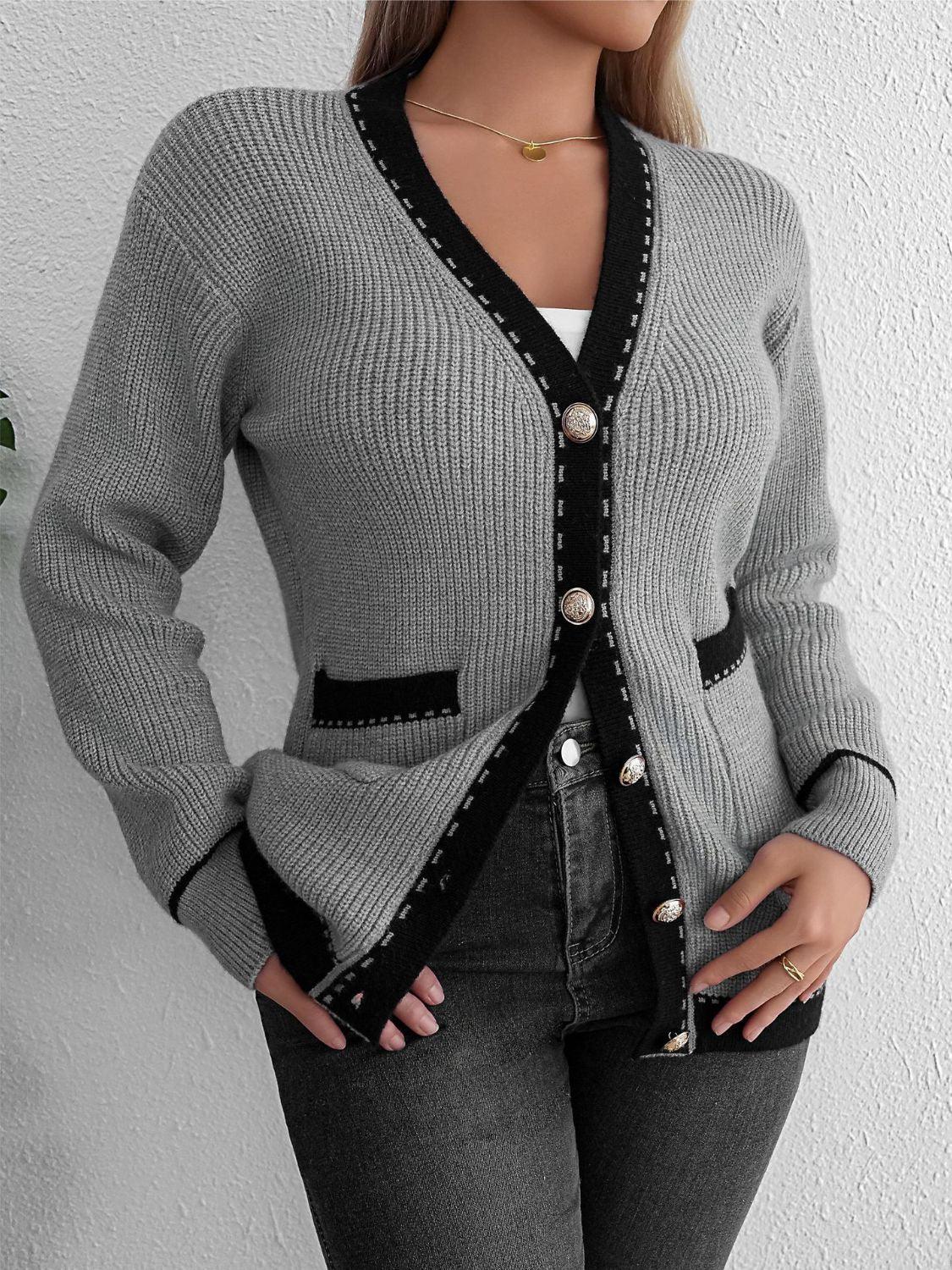 Contrast Trim Button Up Long Sleeve Cardigan Carauana Store