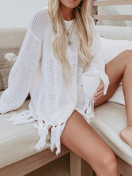 Double Take Openwork Tassel Hem Long Sleeve Knit Cover Up Carauana Store