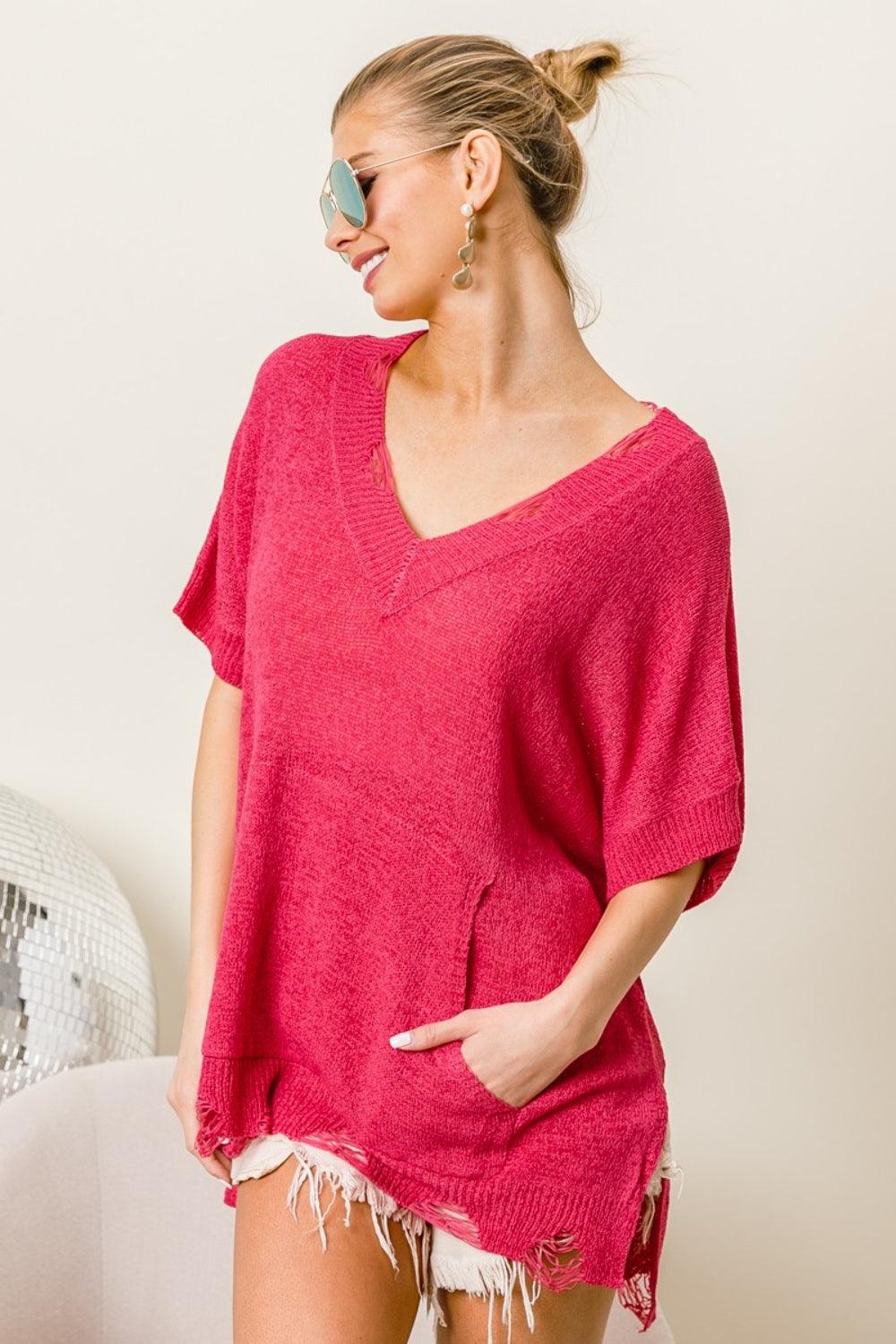 BiBi Distressed Hem V-Neck Slit Sweater Carauana Store