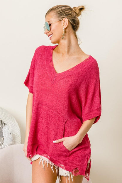 BiBi Distressed Hem V-Neck Slit Sweater Carauana Store