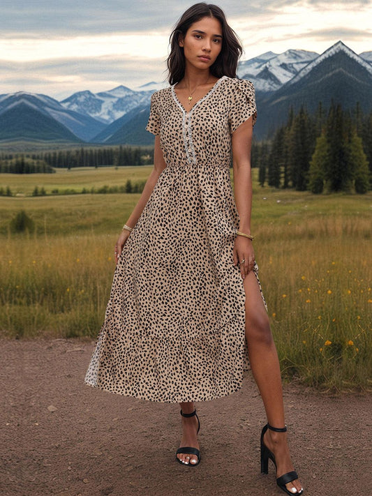 Slit Printed V-Neck Short Sleeve Dress Carauana Store