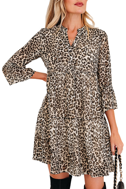 Khaki Leopard 3/4 Sleeve V Neck Swing Dress