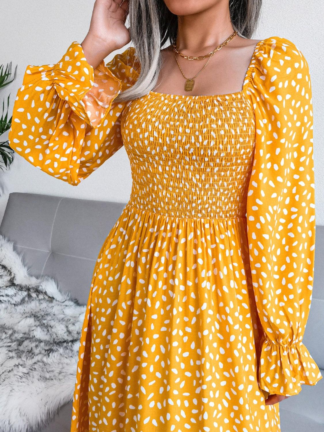 Smocked Square Neck Flounce Sleeve Dress Carauana Store