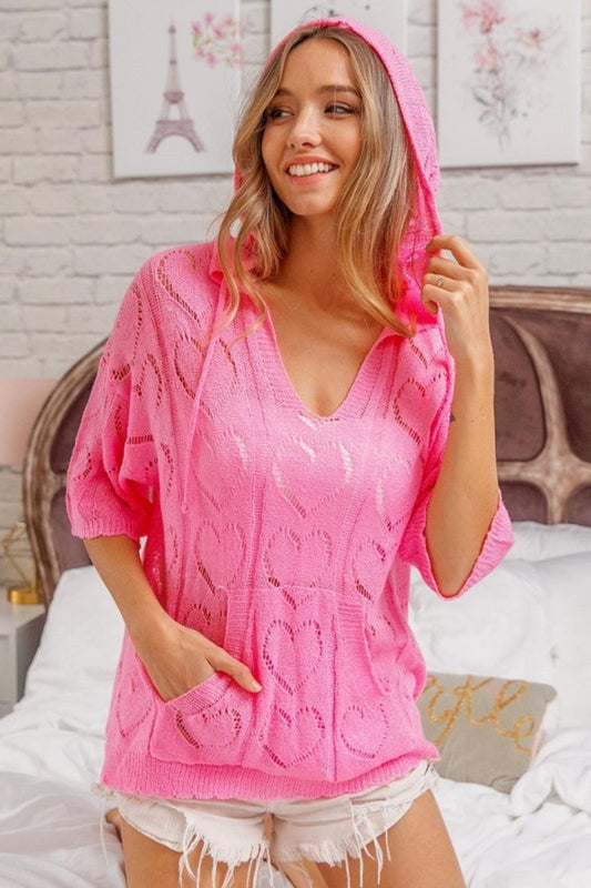 BiBi Openwork Heart Hooded Knit Top Carauana Store