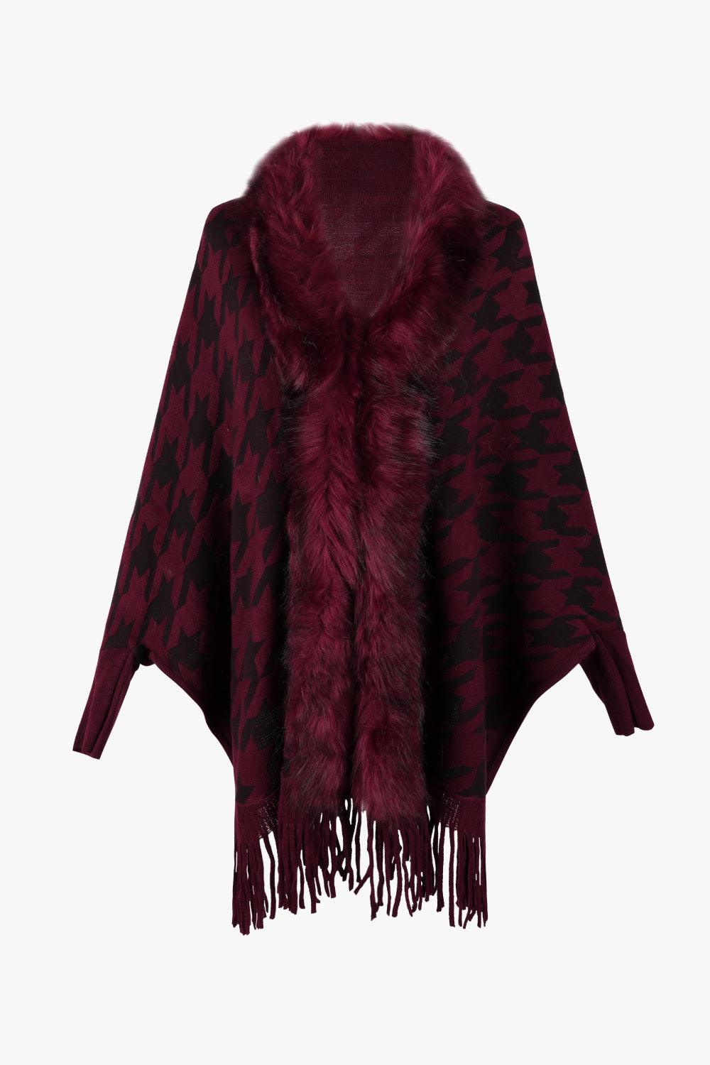 Houndstooth Fringe Hem Poncho Carauana Store