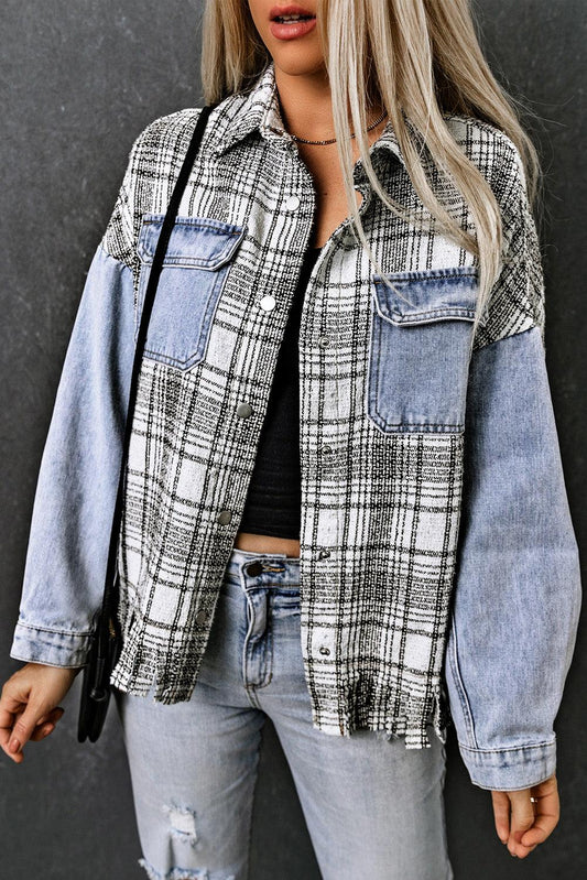 Plaid Pocketed Snap Down Denim Jacket Carauana Store