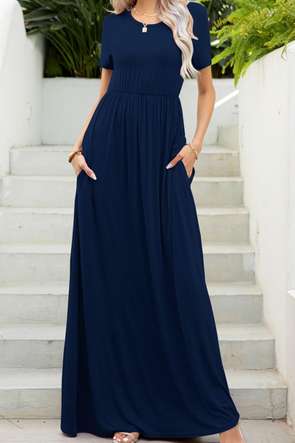 Round Neck Maxi Tee Dress with Pockets Carauana Store