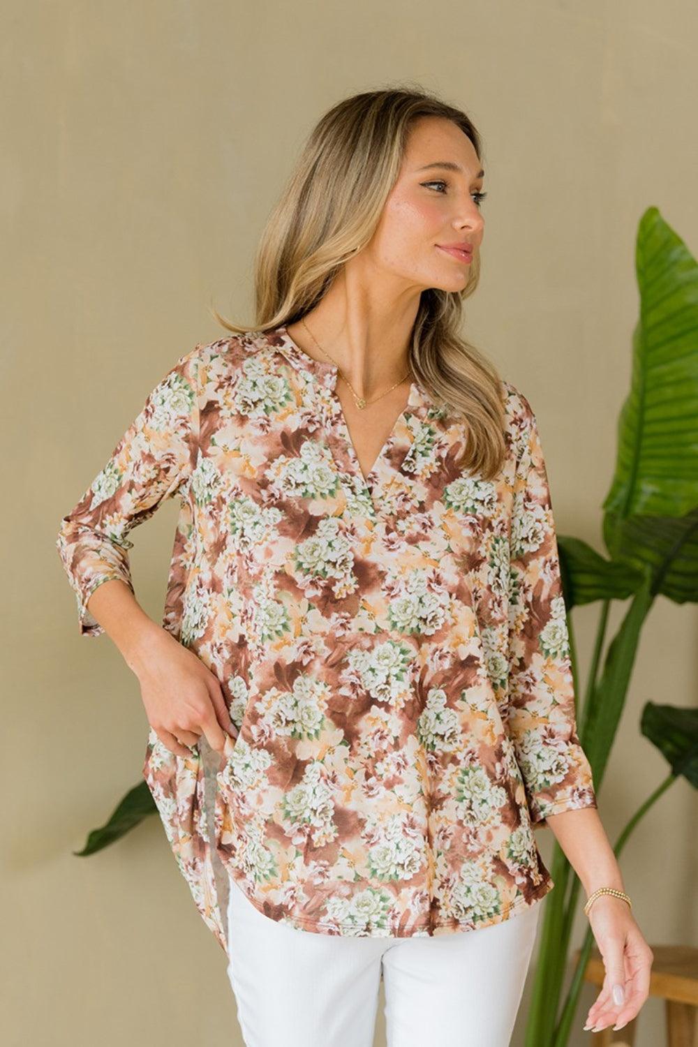 Sew In Love Full Size Wrinkle-Free Floral Notched Top Carauana Store