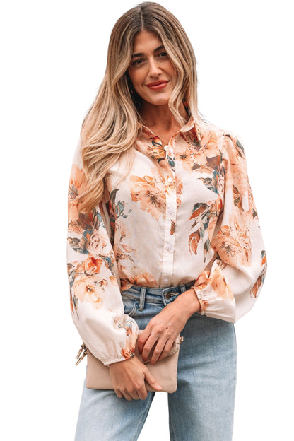 Orange Floral Puff Sleeve Lightweight Shirt