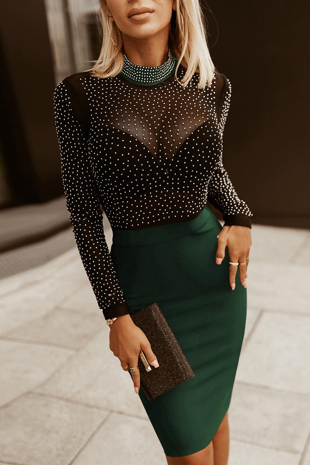 Rhinestone Mock Neck Long Sleeve Dress Carauana Store