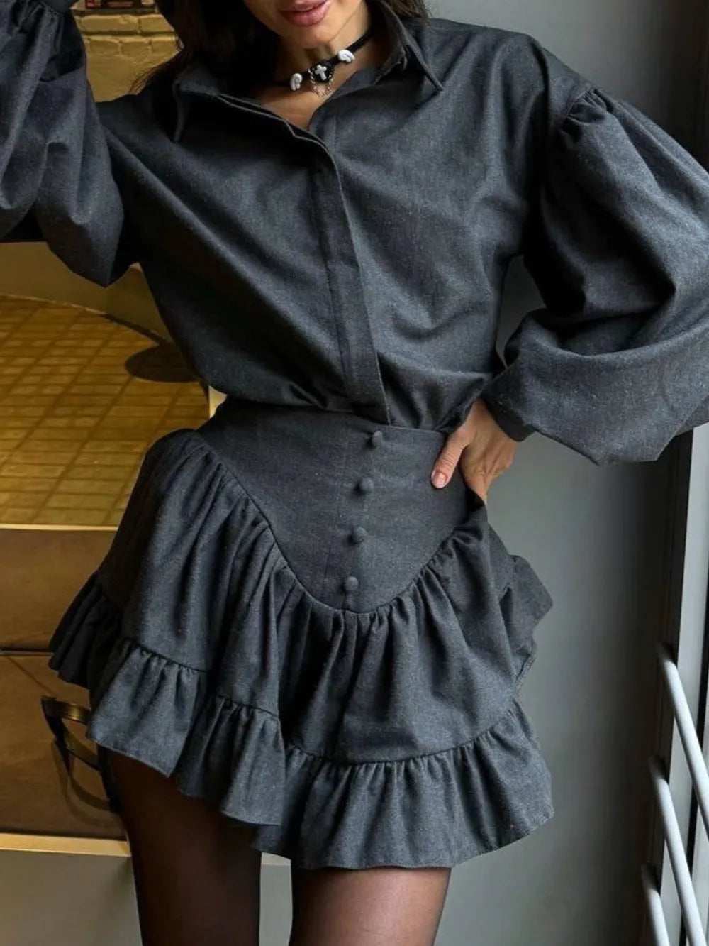 Lantern Sleeve Shirt and Ruffled Skirt Set Carauana Store