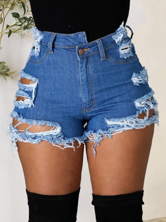 Distressed Raw Hem Denim Shorts with Pockets Carauana Store