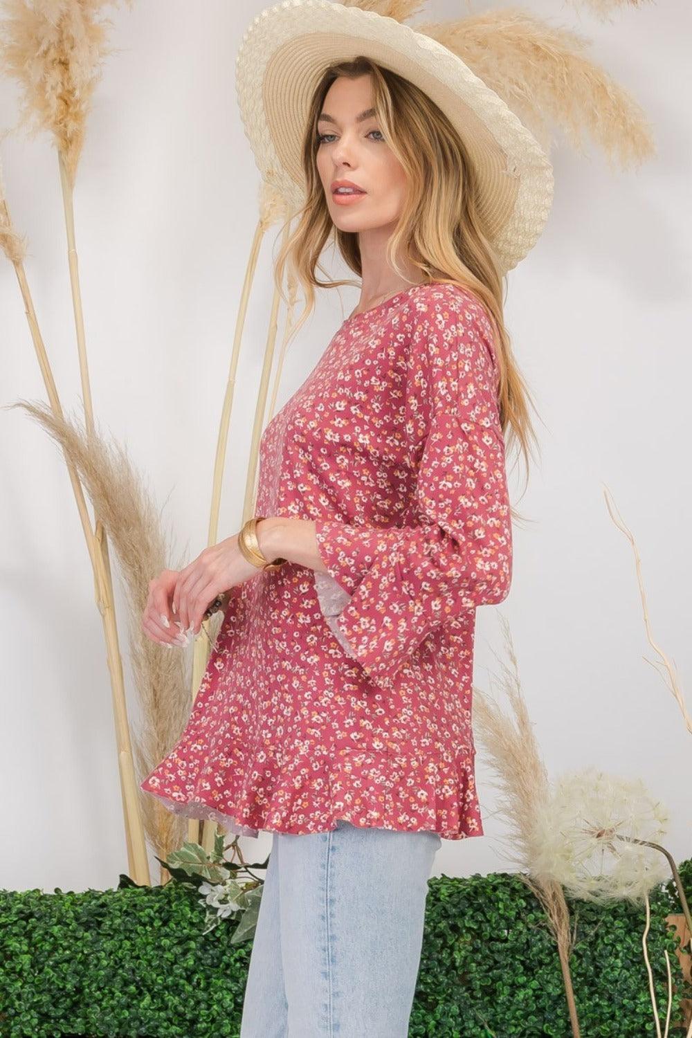 Celeste Full Size Floral Ruffle Detail Top Carauana Store