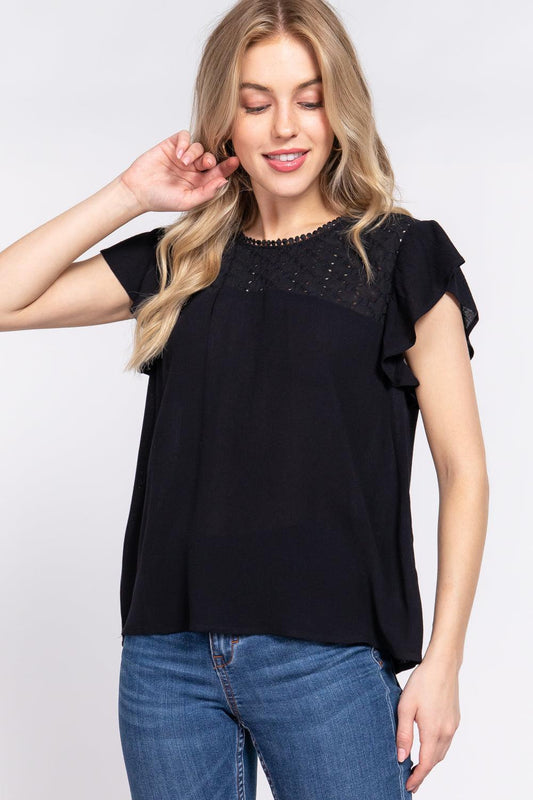 ACTIVE BASIC Ruffle Short Sleeve Crochet Blouse Carauana Store